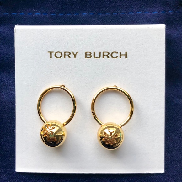 NEW Tory Burch Gold Logo Bead Hoop Drop Earrings - Picture 2 of 6